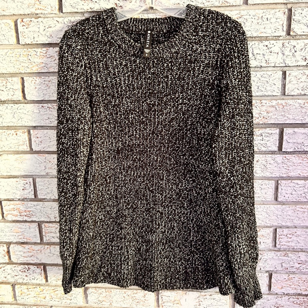 Athleta Womens Black White Marled Knit Crew Neck‎ Sweater Long Sleeve Size S
